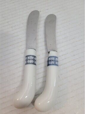 Set of 2 Vintage Mid Centry Stainless & Porcelain Butter Cheese Spreaders